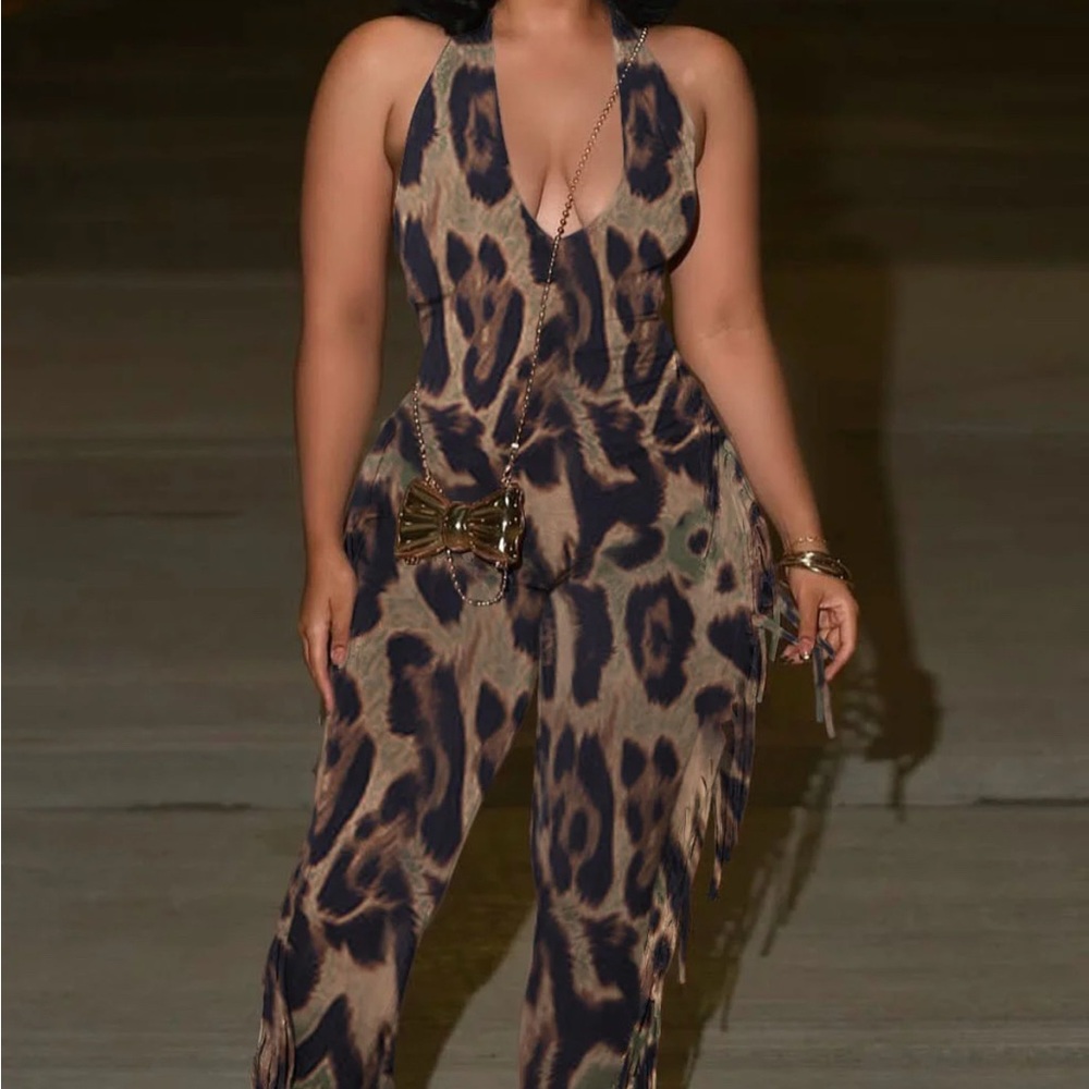 Source Unknown Brown and Black Jumpsuit with Plunging Neckline so cute